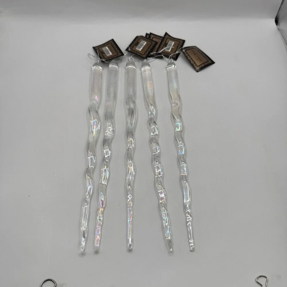 Robert Stanley Glass Icicle Ornaments Set of 5 Iridescent Clear‎ 10 Inch New